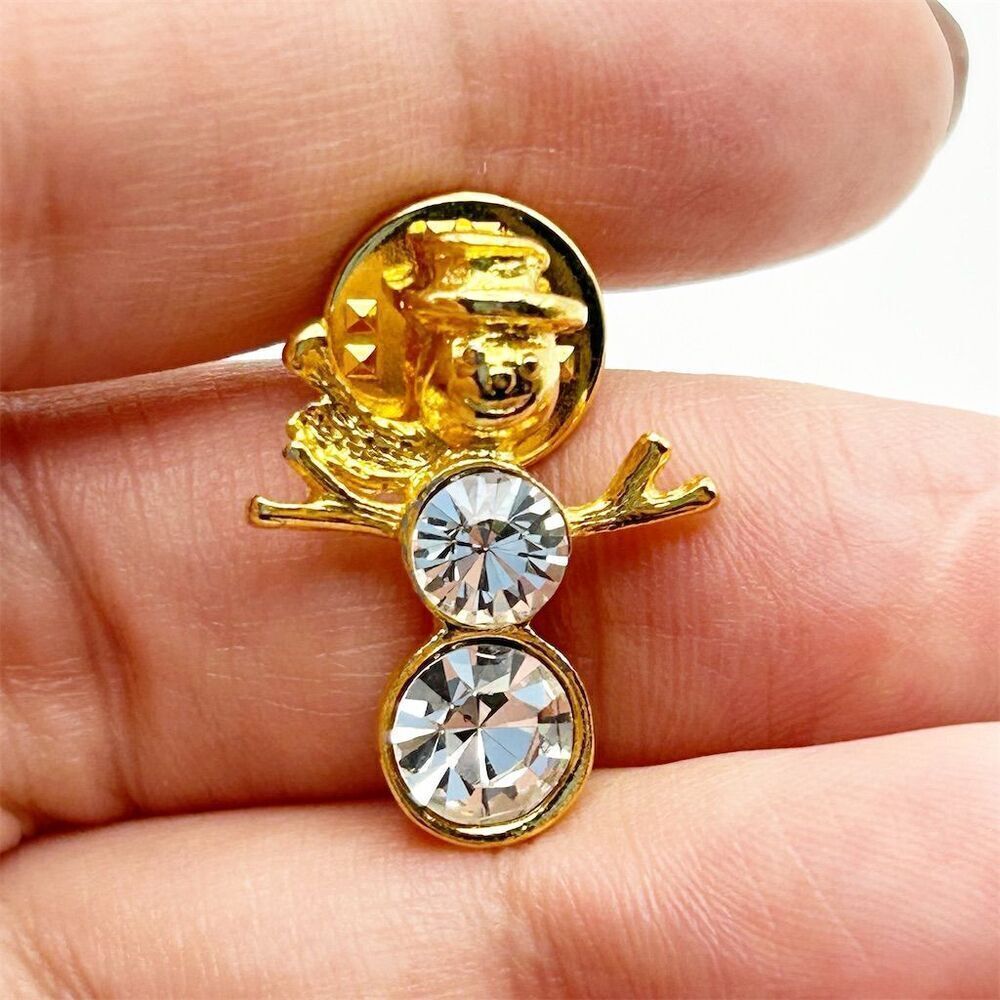Festive Gold Tone Snowman Brooch Pin with Rhinestones Holiday Snow Christmas